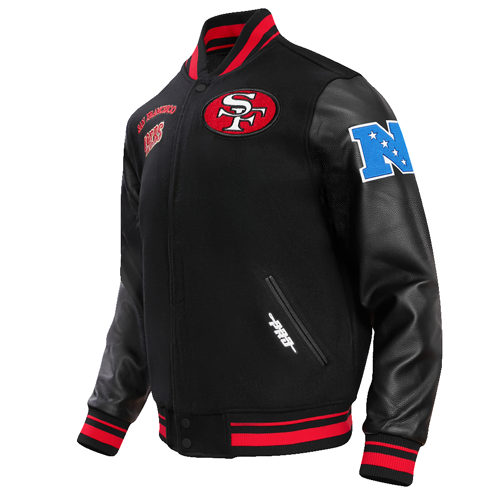NFL SAN FRANCISCO 49ERS RETRO CLASSIC MEN'S RIB WOOL VARSITY JACKET (BLACK/RED/BLACK)
