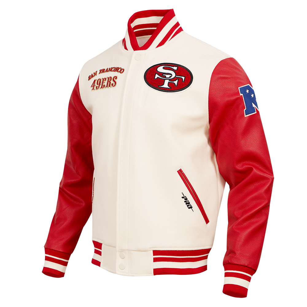 NFL SAN FRANCISCO 49ERS RETRO CLASSIC MEN'S RIB WOOL VARSITY JACKET (EGGSHELL/ RED)