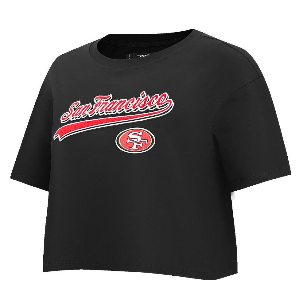 NFL SAN FRANCISCO 49ERS SCRIPT TAIL WOMEN'S SINGLE JERSEY BOXY TEE (BLACK)