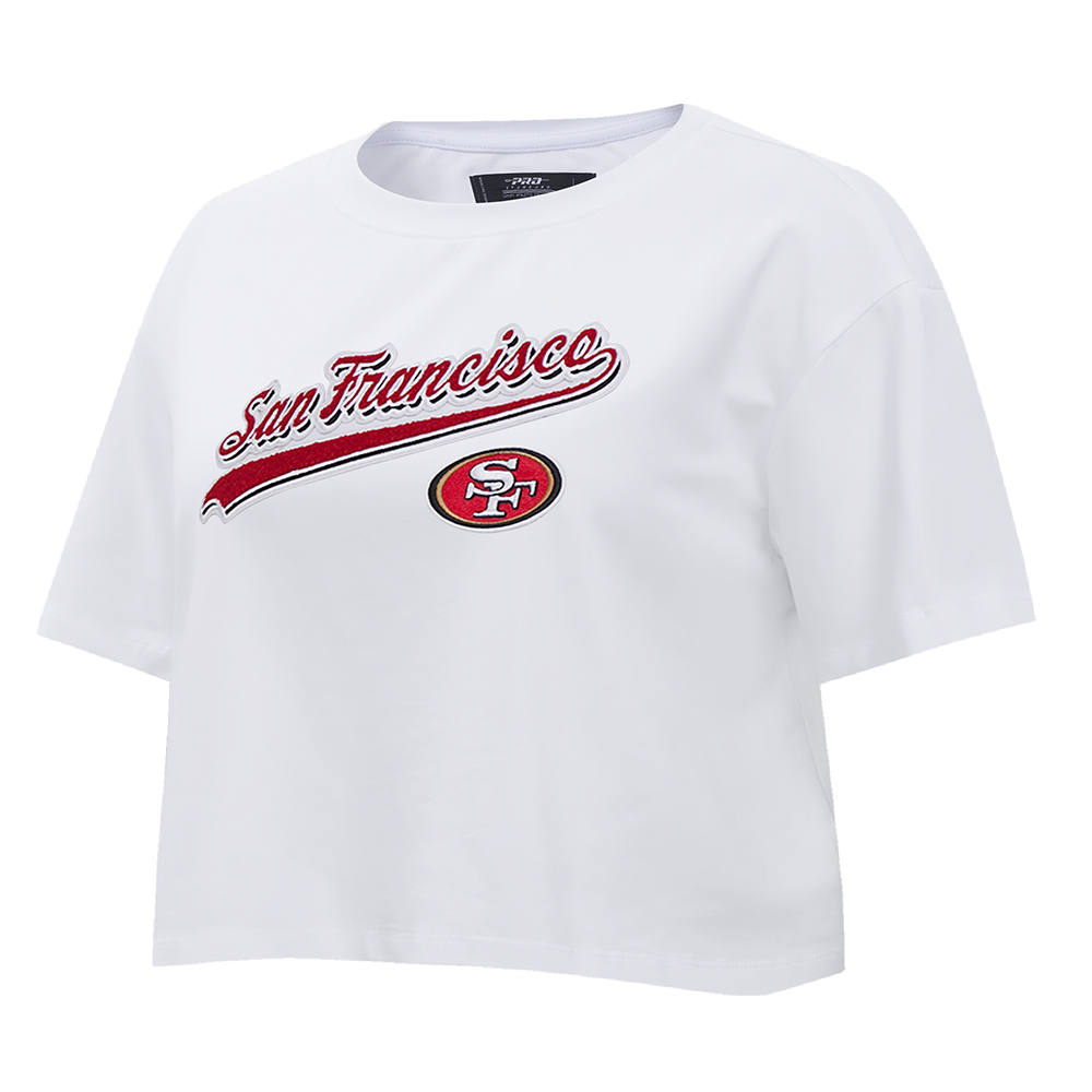 NFL SAN FRANCISCO 49ERS SCRIPT TAIL WOMEN'S SINGLE JERSEY BOXY TEE (WHITE)