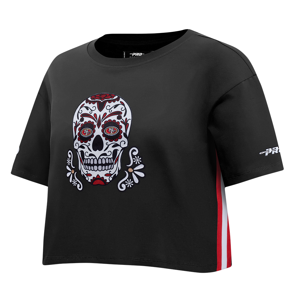 NFL SAN FRANCISCO 49ERS SUGAR SKULL WOMEN'S SINGLE JERSEY BOXY TEE (BLACK)