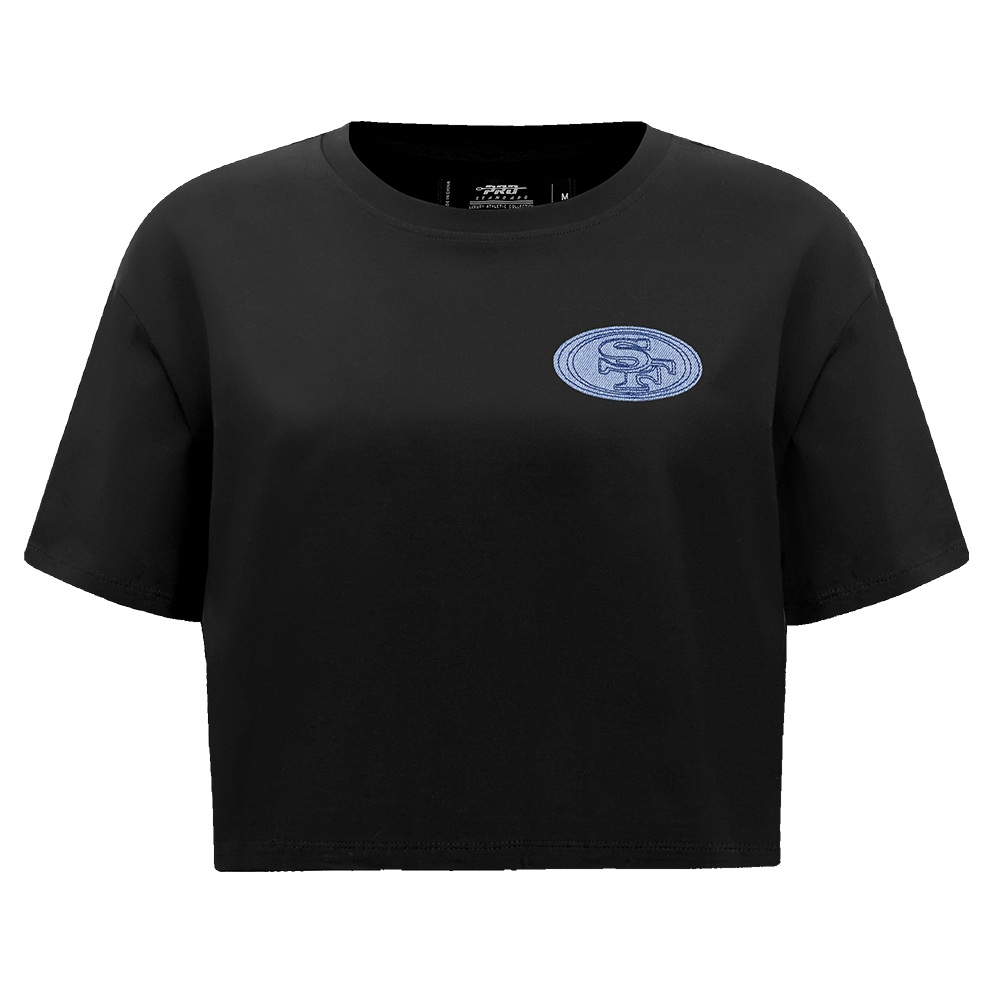 NFL SAN FRANCISCO 49ERS VARSITY BLUES WOMEN'S BOXY TEE (BLACK)
