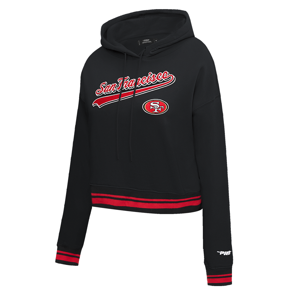 NFL SAN FRANCISCO 49ERS SCRIPT TAIL WOMEN'S RIB FLEECE CROPPED PULLOVER HOODIE (BLACK/RED/BLACK)