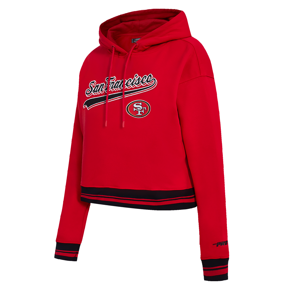 NFL SAN FRANCISCO 49ERS SCRIPT TAIL WOMEN'S RIB FLEECE CROPPED PULLOVER HOODIE (RED/BLACK)