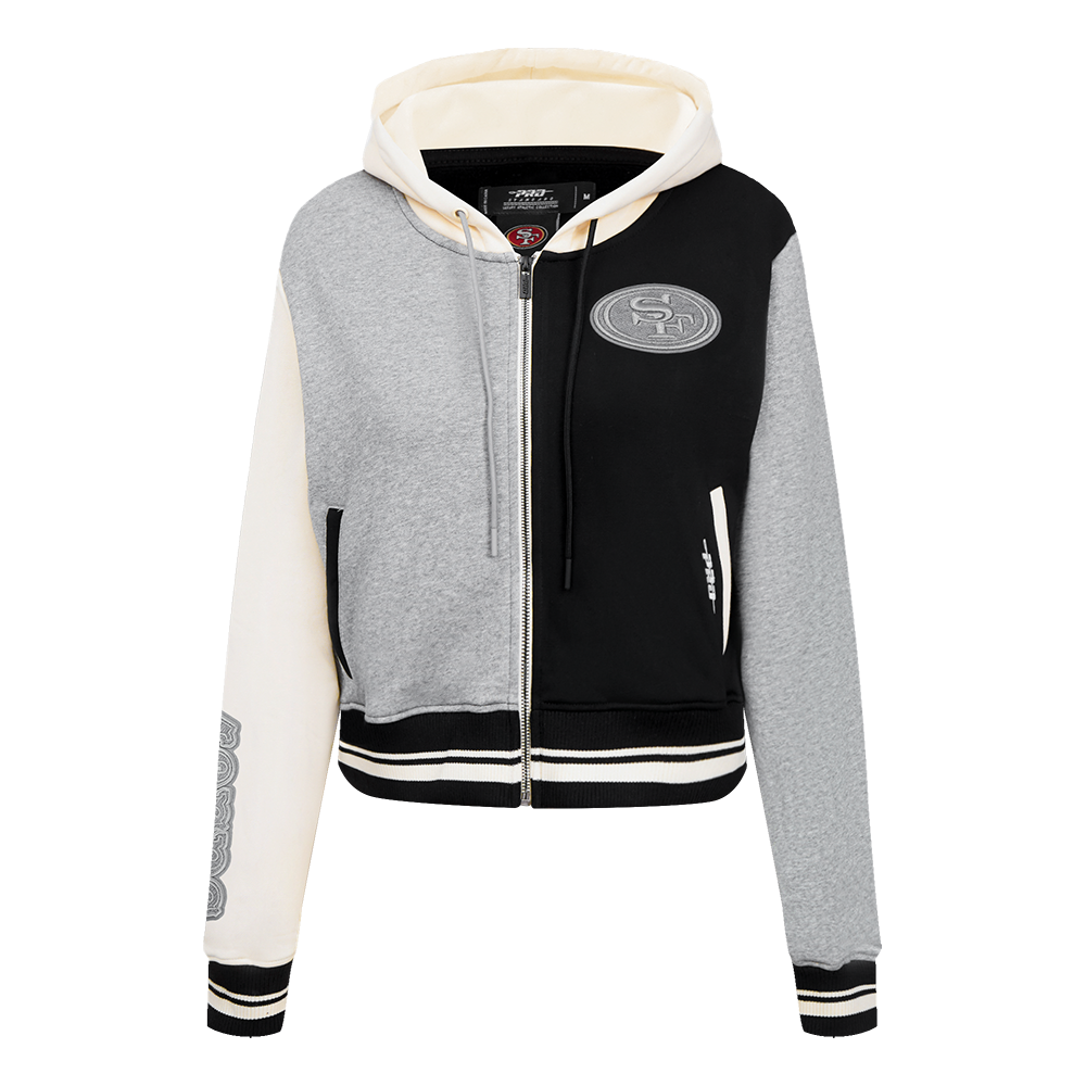 NFL SAN FRANCISCO 49ERS REVERSE FRENCH TERRY CHANDAIL À CAPUCHON EN MOLLETON À GLISSIÈRE ET À BLOCS DE COULEUR POUR FEMME (NOIR/GRIS/COQUILLE D'ŒUF)