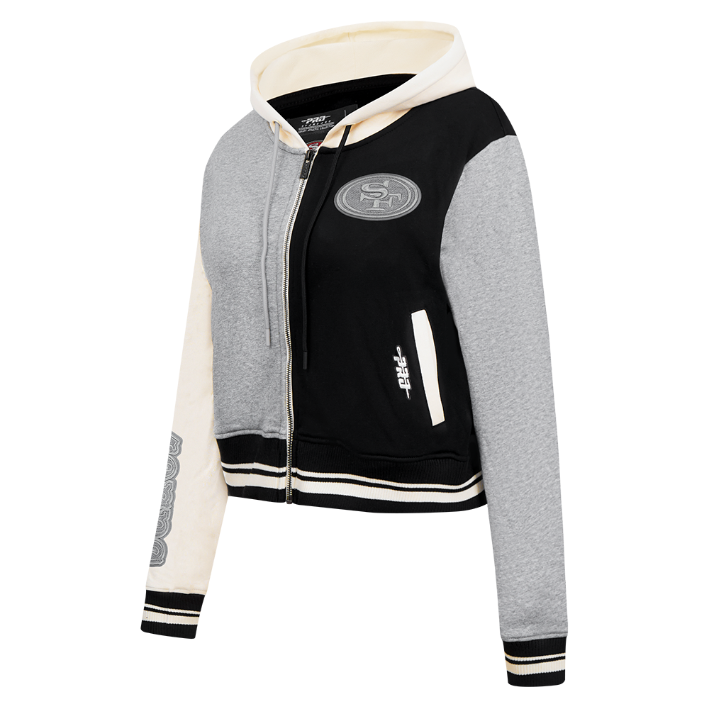 NFL SAN FRANCISCO 49ERS REVERSE FRENCH TERRY CHANDAIL À CAPUCHON EN MOLLETON À GLISSIÈRE ET À BLOCS DE COULEUR POUR FEMME (NOIR/GRIS/COQUILLE D'ŒUF)