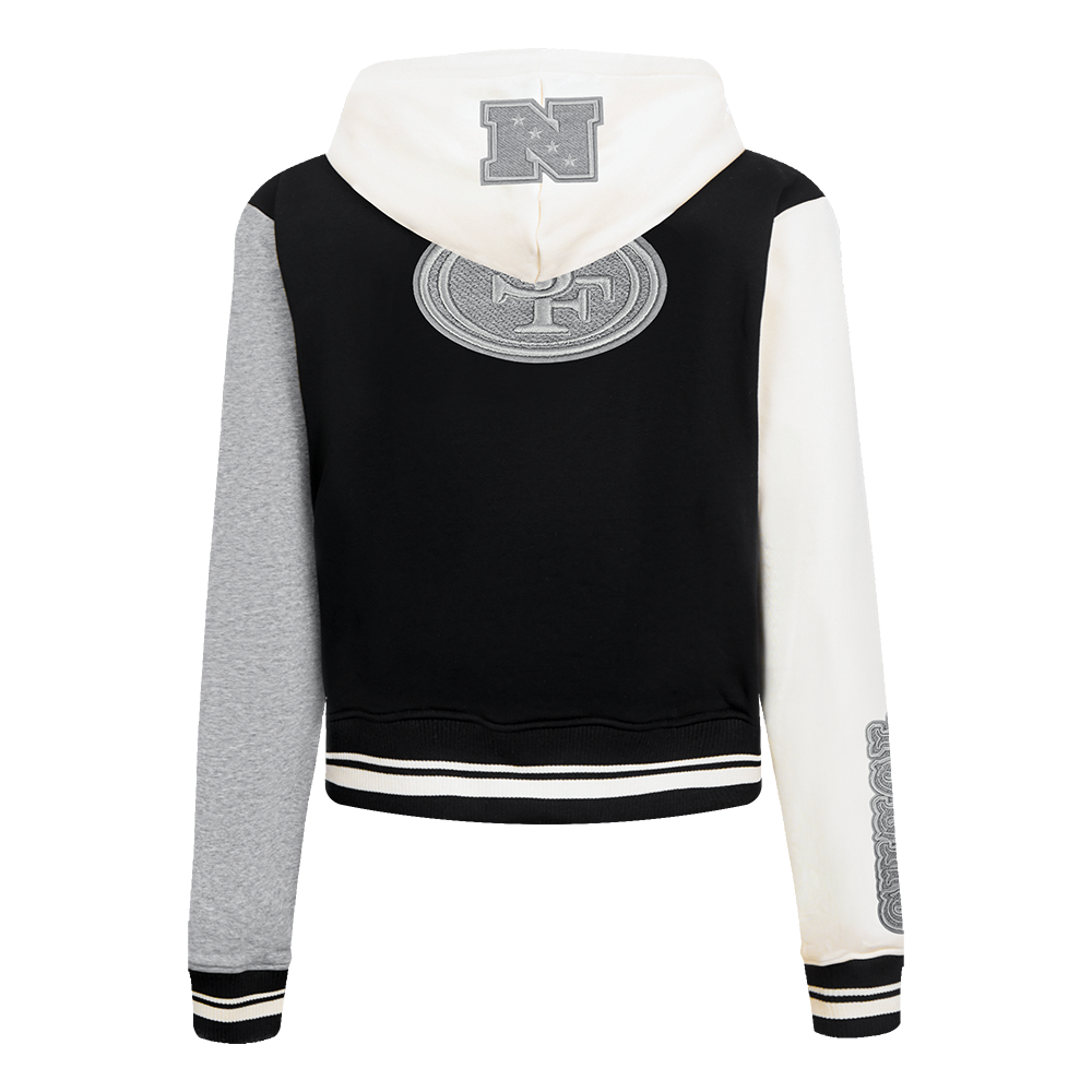 NFL SAN FRANCISCO 49ERS REVERSE FRENCH TERRY CHANDAIL À CAPUCHON EN MOLLETON À GLISSIÈRE ET À BLOCS DE COULEUR POUR FEMME (NOIR/GRIS/COQUILLE D'ŒUF)