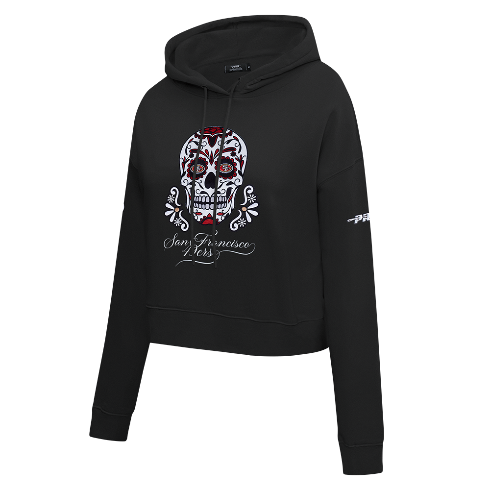 NFL SAN FRANCISCO 49ERS SUGAR SKULL WOMEN'S FLEECE CROPPED PULLOVER HOODIE (BLACK)