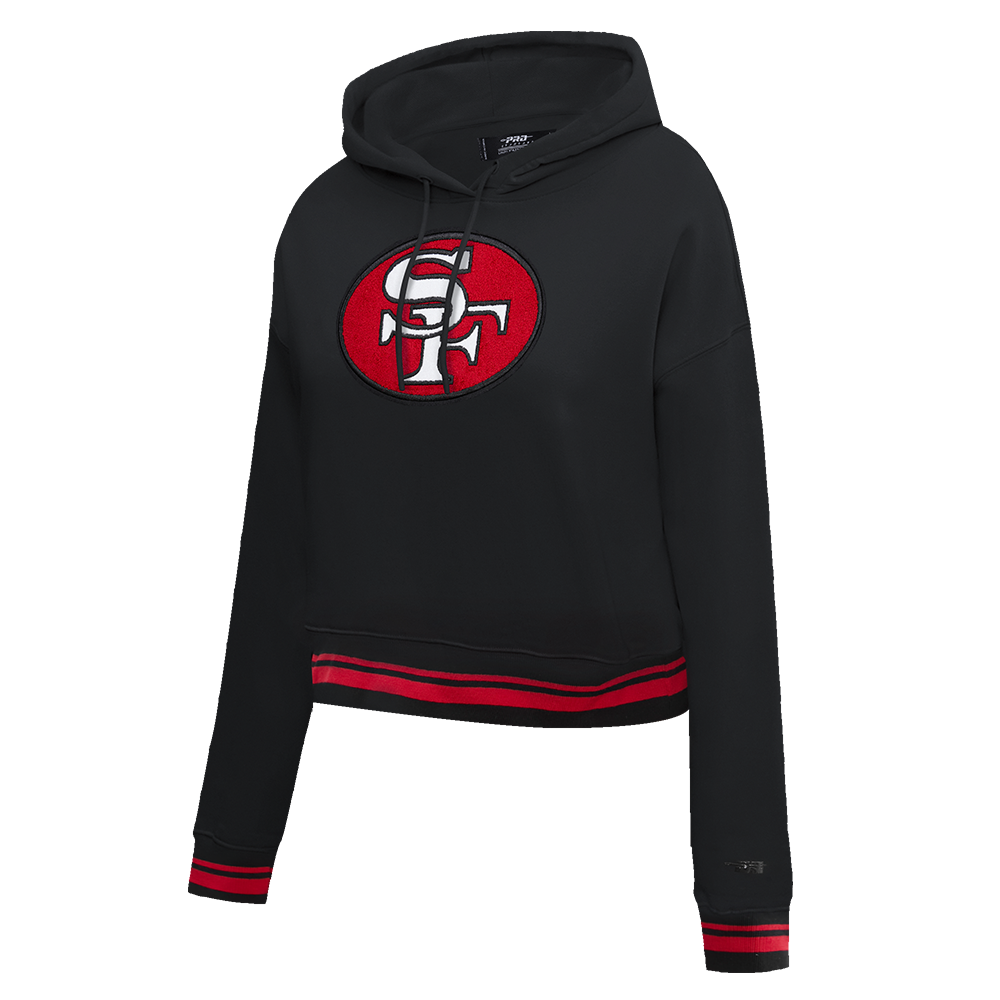 NFL SAN FRANCISCO 49ERS RETRO CLASSIC WOMEN'S CROPPED PULLOVER HOODIE (BLACK/RED/BLACK)