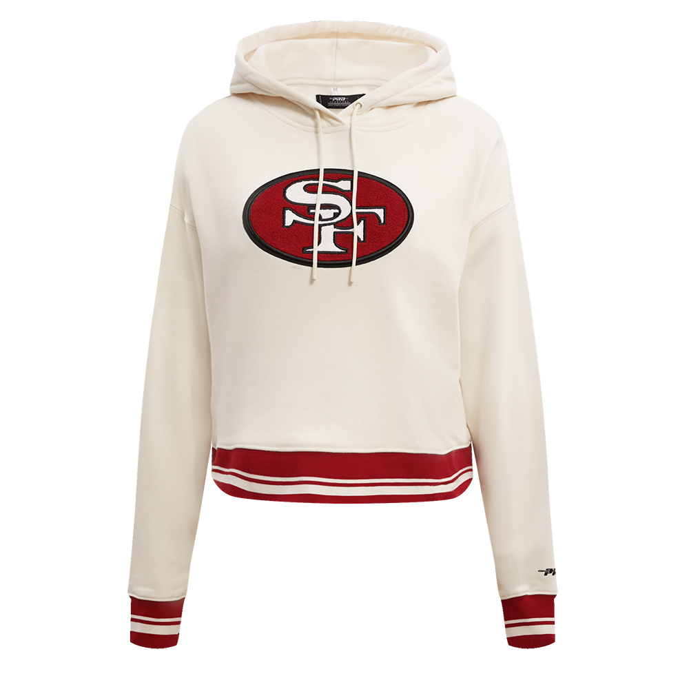 NFL SAN FRANCISCO 49ERS RETRO CLASSIC WOMEN'S CROPPED PULLOVER HOODIE (EGGSHELL/ RED)