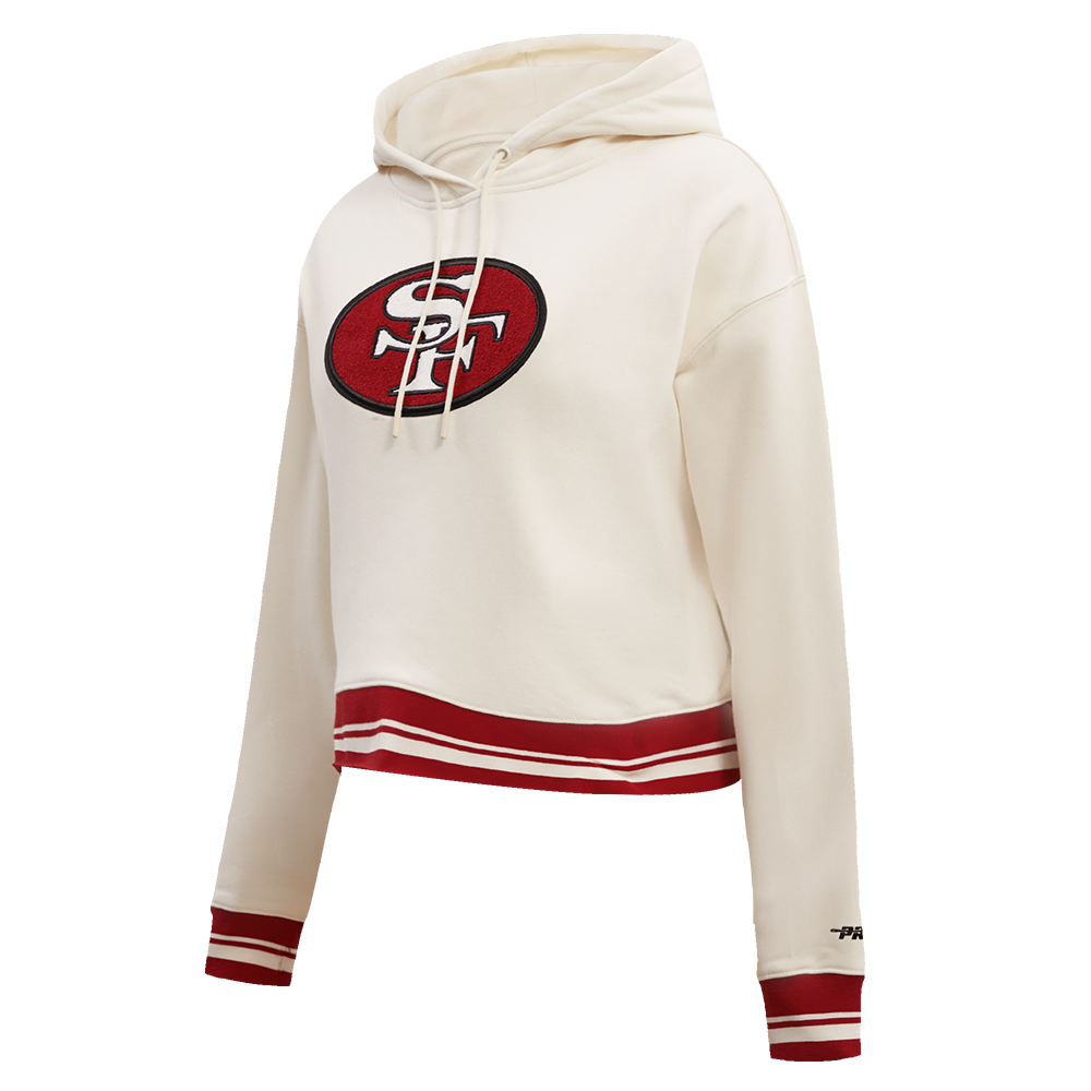 NFL SAN FRANCISCO 49ERS RETRO CLASSIC WOMEN'S CROPPED PULLOVER HOODIE (EGGSHELL/ RED)