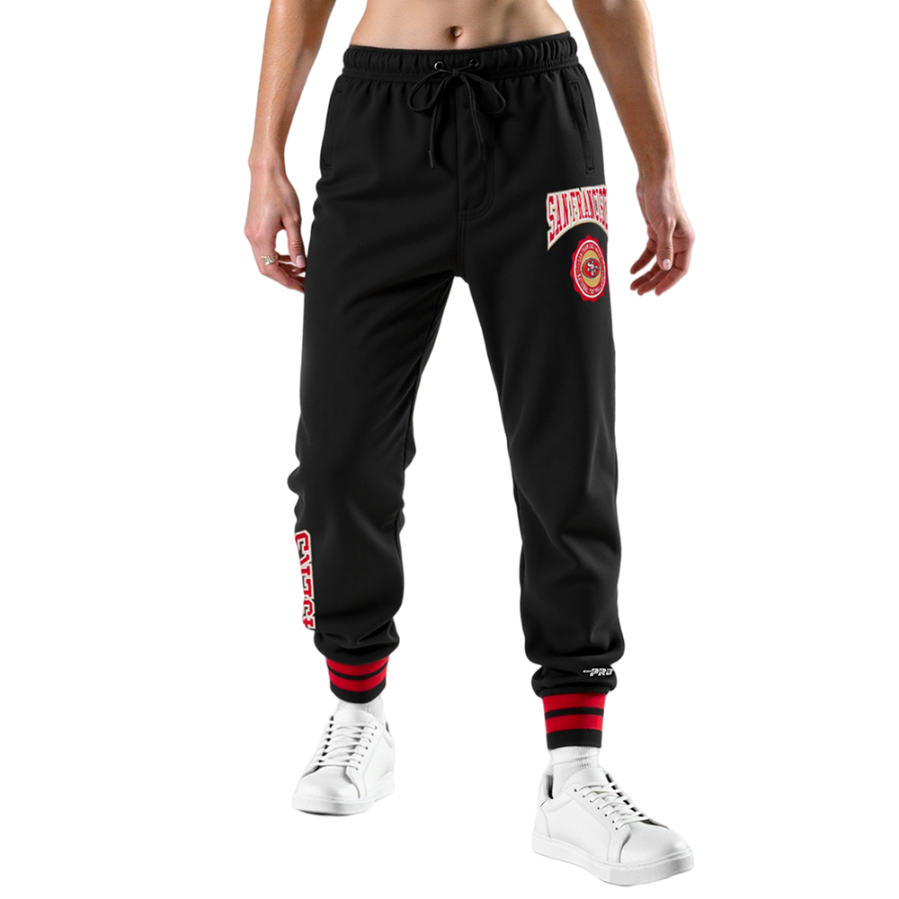 NFL SAN FRANCISCO 49ERS CREST EMBLEM PANTALON OUATÉ EN MOLLETON CÔTELÉ POUR FEMME (NOIR/ROUGE/NOIR)