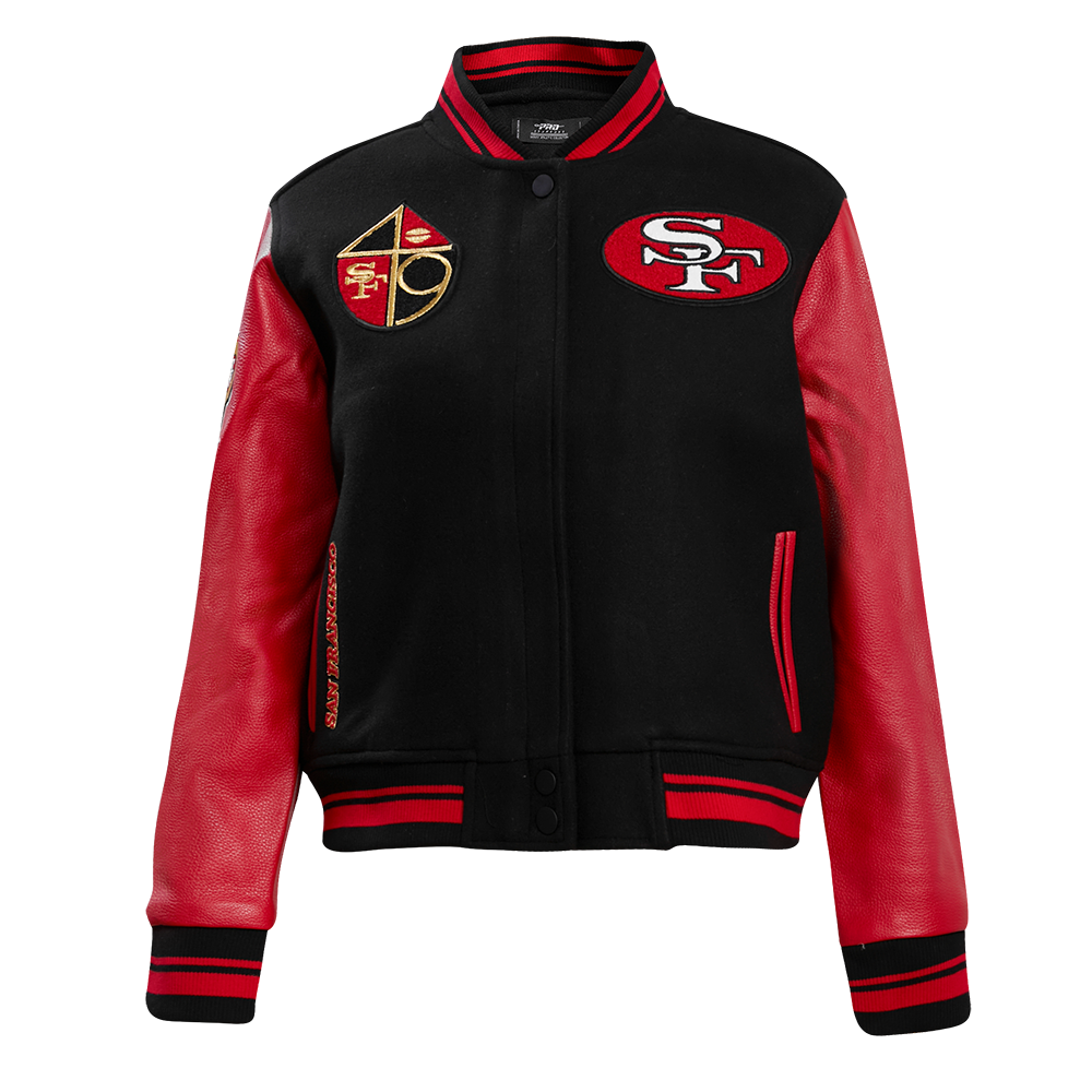 NFL SAN FRANCISCO 49ERS RETRO CLASSIC BLOUSON COLLÉGIAL EN LAINE À BORDS CÔTELÉS POUR FEMME (NOIR/ROUGE/NOIR)