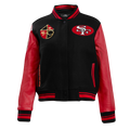 NFL SAN FRANCISCO 49ERS RETRO CLASSIC BLOUSON COLLÉGIAL EN LAINE À BORDS CÔTELÉS POUR FEMME (NOIR/ROUGE/NOIR)