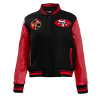 NFL SAN FRANCISCO 49ERS RETRO CLASSIC BLOUSON COLLÉGIAL EN LAINE À BORDS CÔTELÉS POUR FEMME (NOIR/ROUGE/NOIR)