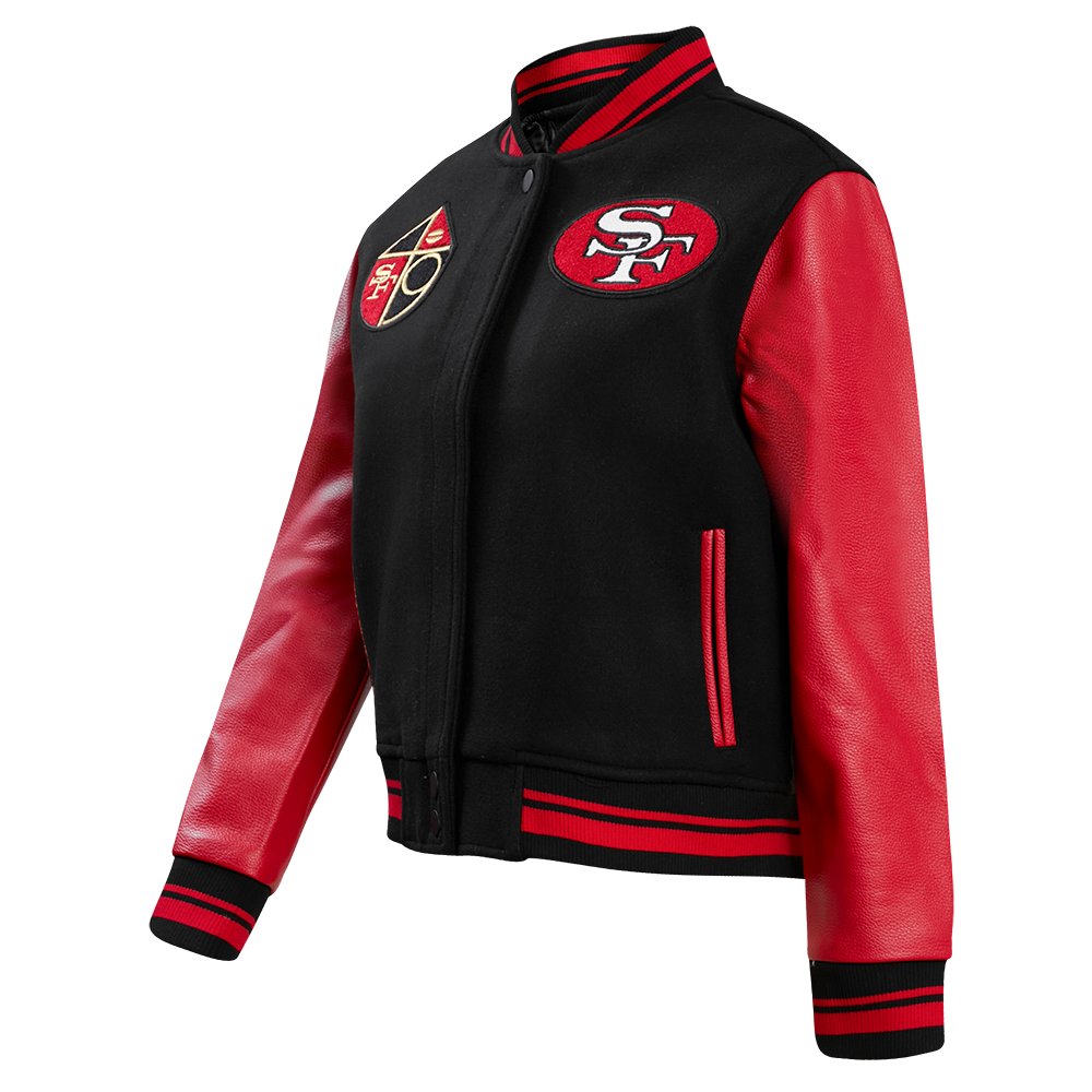 NFL SAN FRANCISCO 49ERS RETRO CLASSIC BLOUSON COLLÉGIAL EN LAINE À BORDS CÔTELÉS POUR FEMME (NOIR/ROUGE/NOIR)