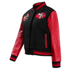 NFL SAN FRANCISCO 49ERS RETRO CLASSIC BLOUSON COLLÉGIAL EN LAINE À BORDS CÔTELÉS POUR FEMME (NOIR/ROUGE/NOIR)