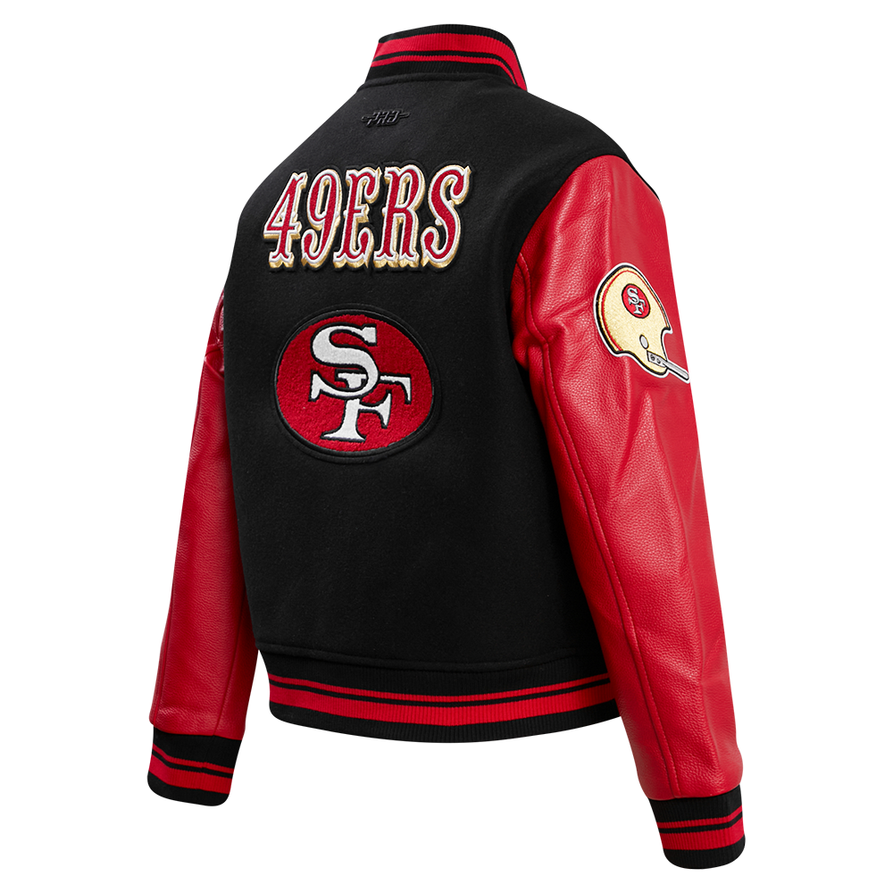 NFL SAN FRANCISCO 49ERS RETRO CLASSIC BLOUSON COLLÉGIAL EN LAINE À BORDS CÔTELÉS POUR FEMME (NOIR/ROUGE/NOIR)