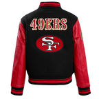 NFL SAN FRANCISCO 49ERS RETRO CLASSIC BLOUSON COLLÉGIAL EN LAINE À BORDS CÔTELÉS POUR FEMME (NOIR/ROUGE/NOIR)