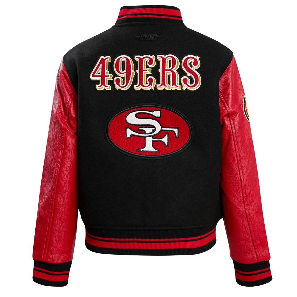 NFL SAN FRANCISCO 49ERS RETRO CLASSIC BLOUSON COLLÉGIAL EN LAINE À BORDS CÔTELÉS POUR FEMME (NOIR/ROUGE/NOIR)