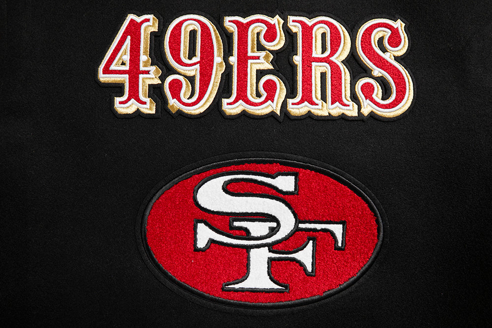 NFL SAN FRANCISCO 49ERS RETRO CLASSIC BLOUSON COLLÉGIAL EN LAINE À BORDS CÔTELÉS POUR FEMME (NOIR/ROUGE/NOIR)