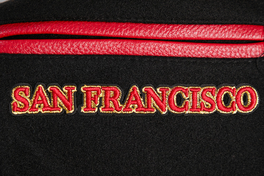 NFL SAN FRANCISCO 49ERS RETRO CLASSIC BLOUSON COLLÉGIAL EN LAINE À BORDS CÔTELÉS POUR FEMME (NOIR/ROUGE/NOIR)