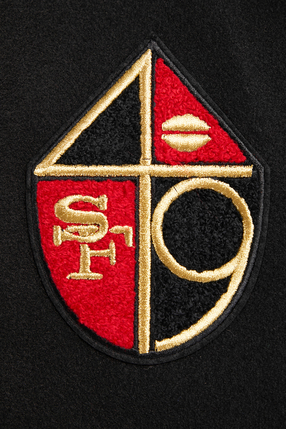 NFL SAN FRANCISCO 49ERS RETRO CLASSIC BLOUSON COLLÉGIAL EN LAINE À BORDS CÔTELÉS POUR FEMME (NOIR/ROUGE/NOIR)