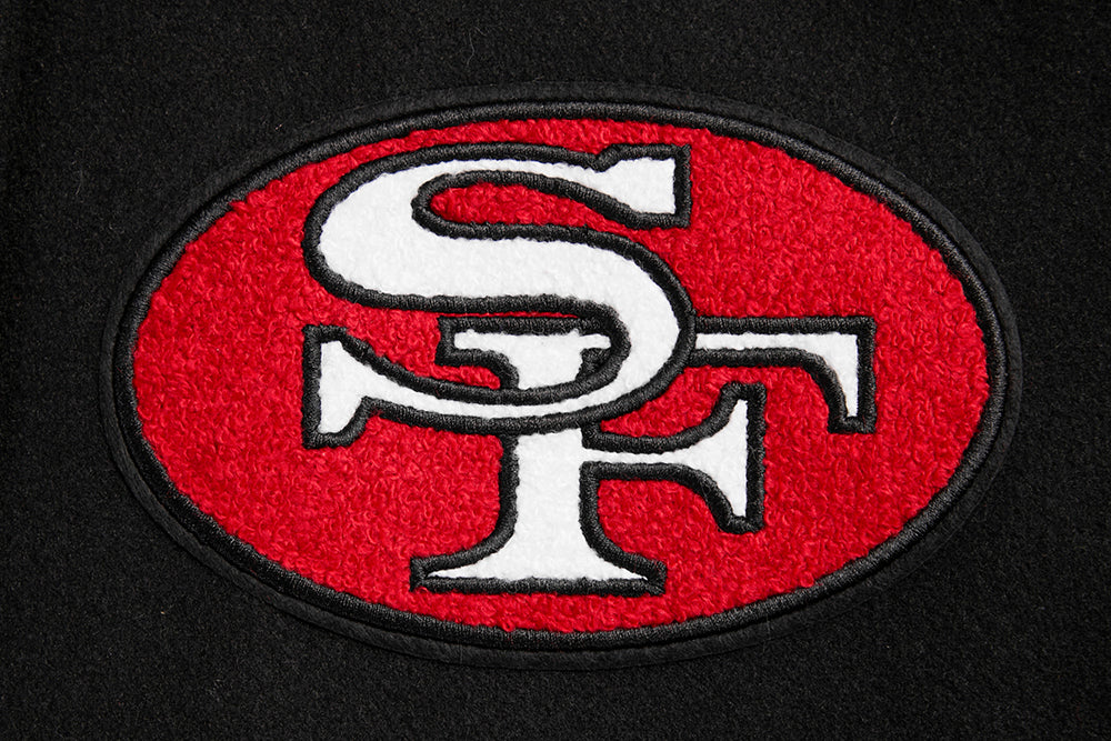 NFL SAN FRANCISCO 49ERS RETRO CLASSIC BLOUSON COLLÉGIAL EN LAINE À BORDS CÔTELÉS POUR FEMME (NOIR/ROUGE/NOIR)