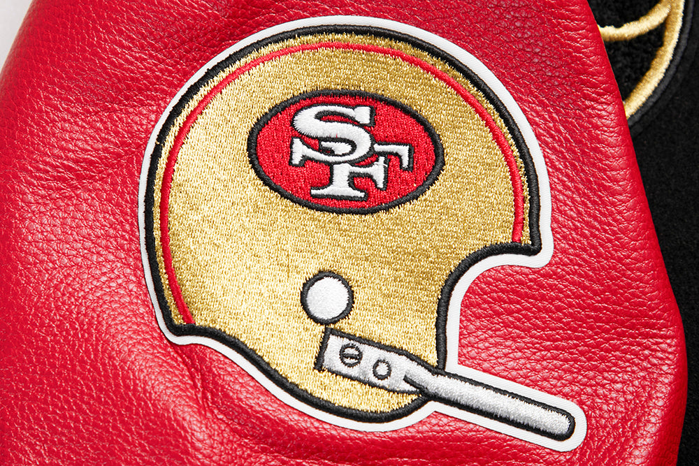 NFL SAN FRANCISCO 49ERS RETRO CLASSIC BLOUSON COLLÉGIAL EN LAINE À BORDS CÔTELÉS POUR FEMME (NOIR/ROUGE/NOIR)