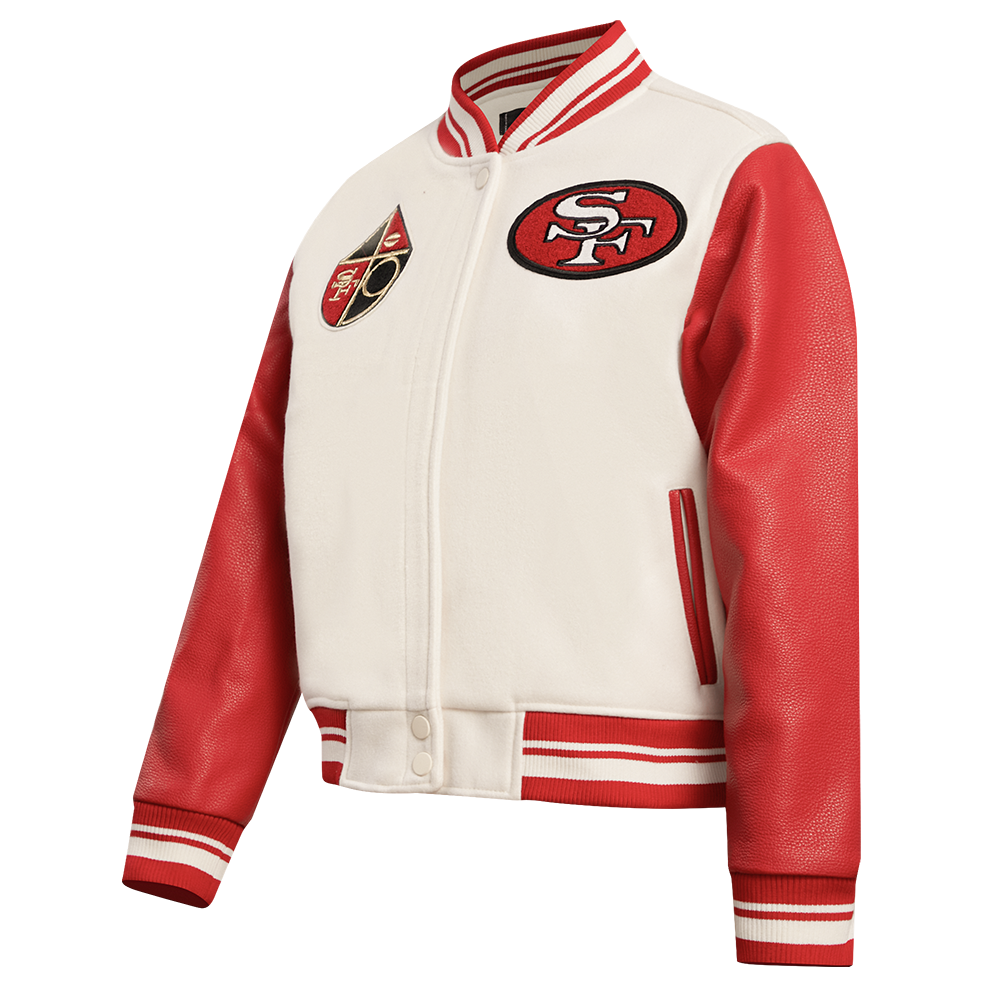 NFL SAN FRANCISCO 49ERS RETRO CLASSIC WOMEN'S RIB WOOL VARSITY JACKET (EGGSHELL/ RED)