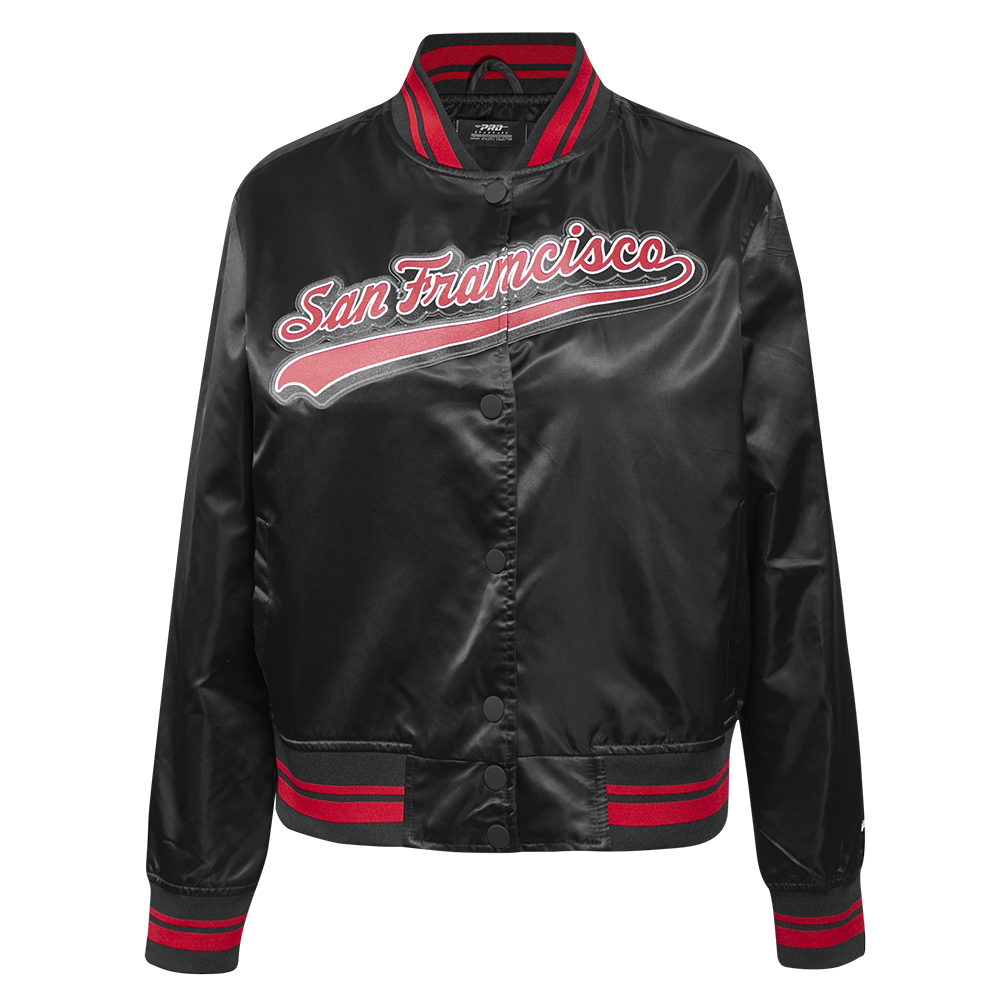 NFL SAN FRANCISCO 49ERS SCRIPT TAIL BLOUSON EN SATIN POUR FEMME (NOIR/ROUGE/NOIR)