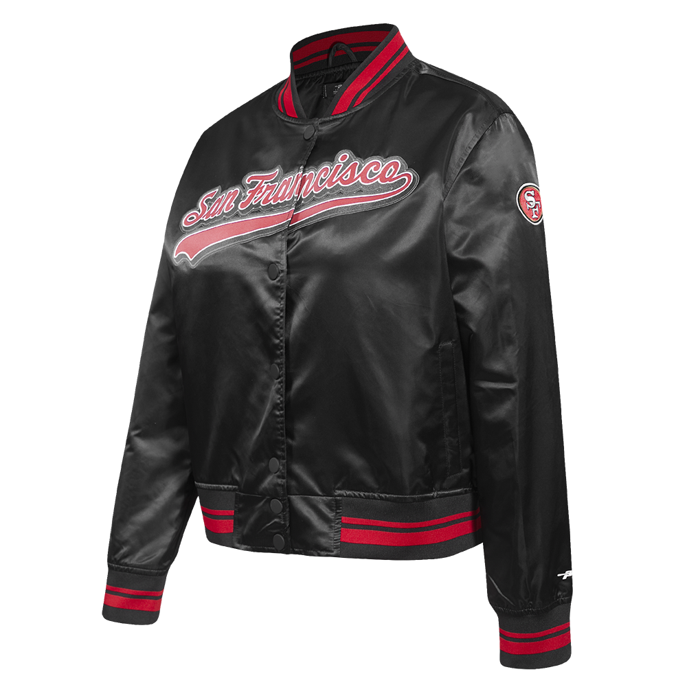 NFL SAN FRANCISCO 49ERS SCRIPT TAIL BLOUSON EN SATIN POUR FEMME (NOIR/ROUGE/NOIR)