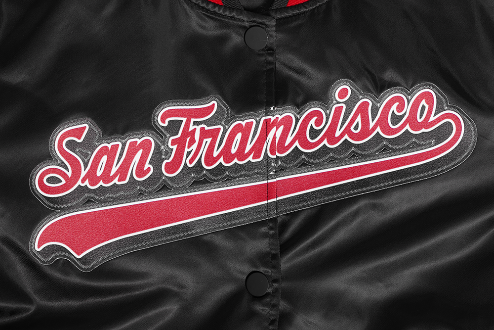 NFL SAN FRANCISCO 49ERS SCRIPT TAIL BLOUSON EN SATIN POUR FEMME (NOIR/ROUGE/NOIR)