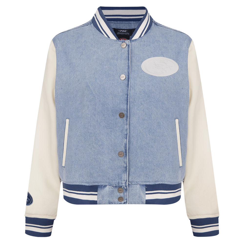 NFL SAN FRANCISCO 49ERS VARSITY BLUES WOMEN'S DENIM VARSITY JACKET (DENIM/LINEN)