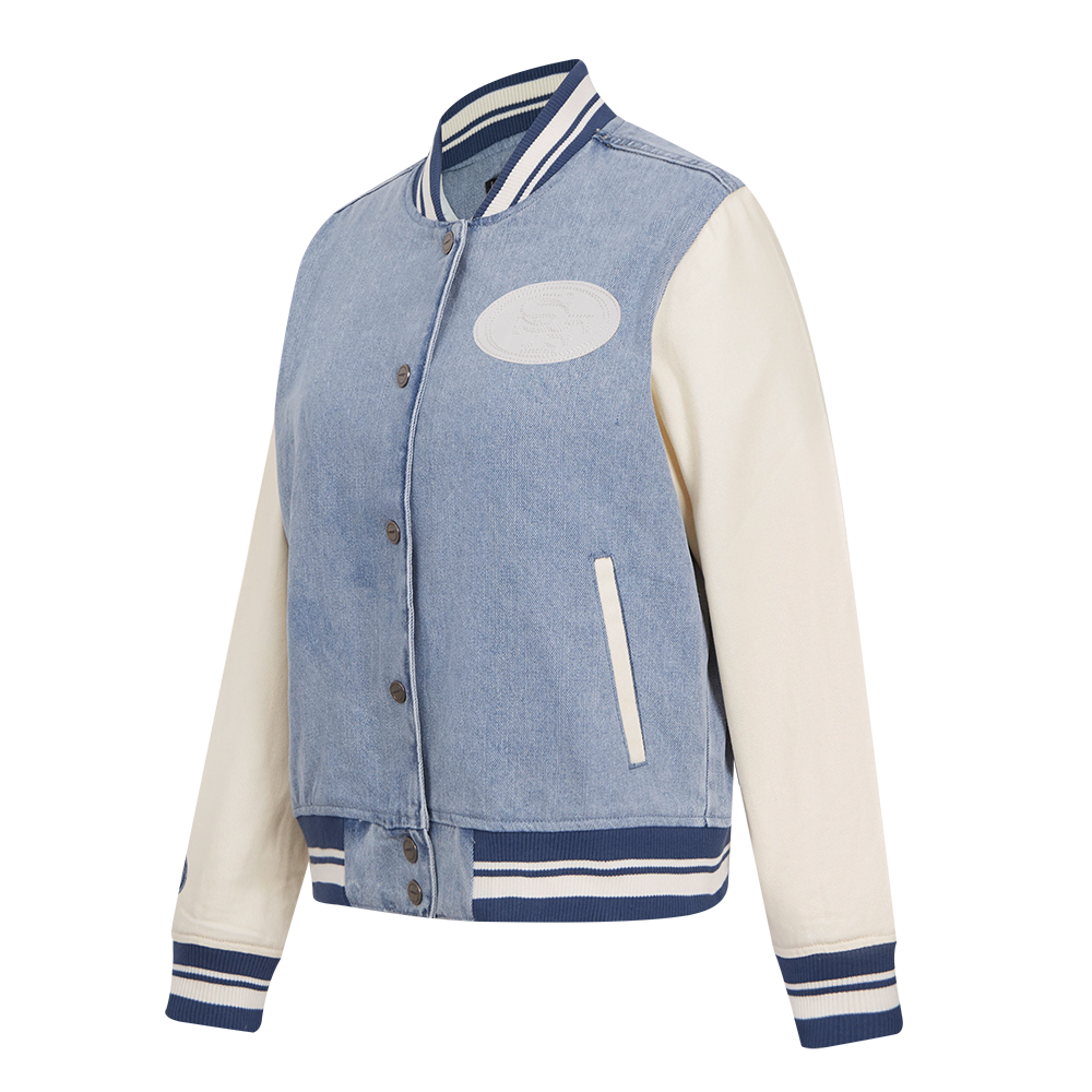 NFL SAN FRANCISCO 49ERS VARSITY BLUES WOMEN'S DENIM VARSITY JACKET (DENIM/LINEN)