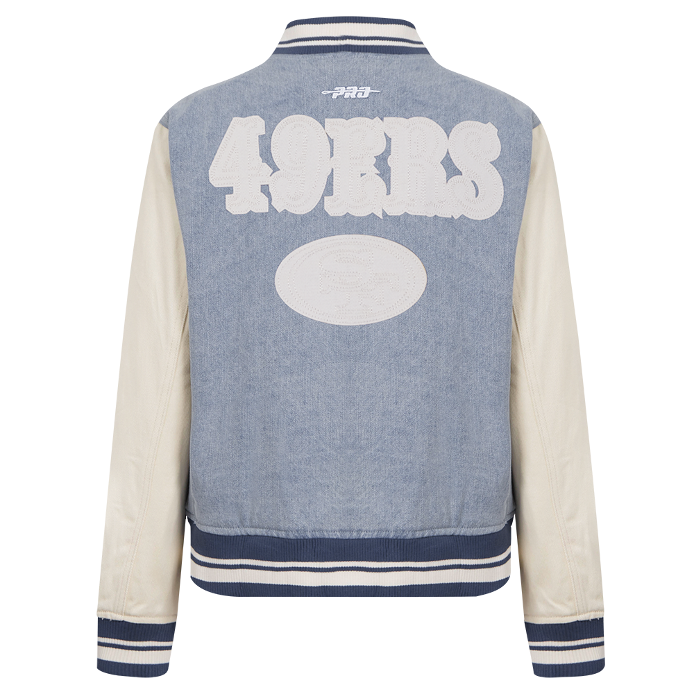 NFL SAN FRANCISCO 49ERS VARSITY BLUES WOMEN'S DENIM VARSITY JACKET (DENIM/LINEN)