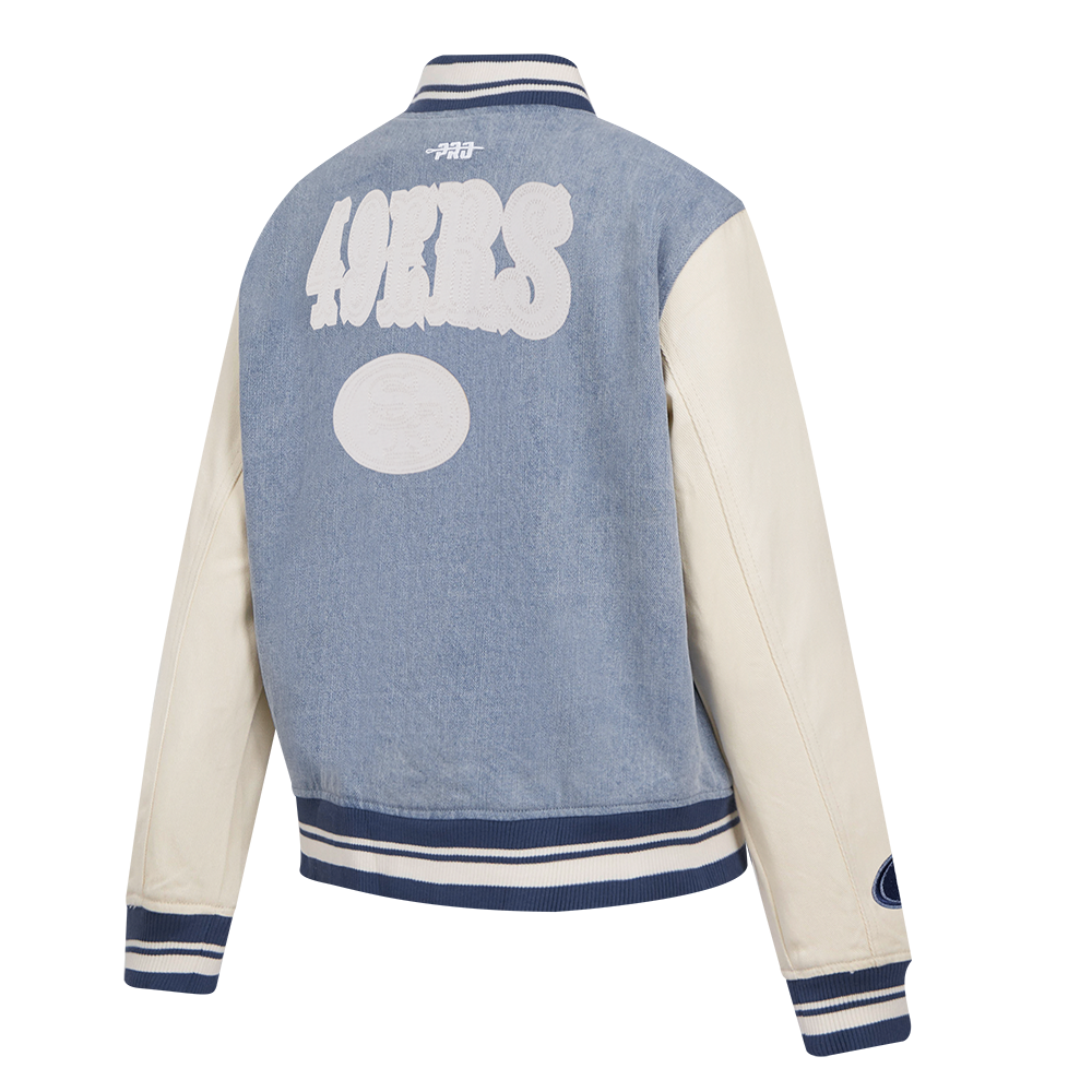 NFL SAN FRANCISCO 49ERS VARSITY BLUES WOMEN'S DENIM VARSITY JACKET (DENIM/LINEN)