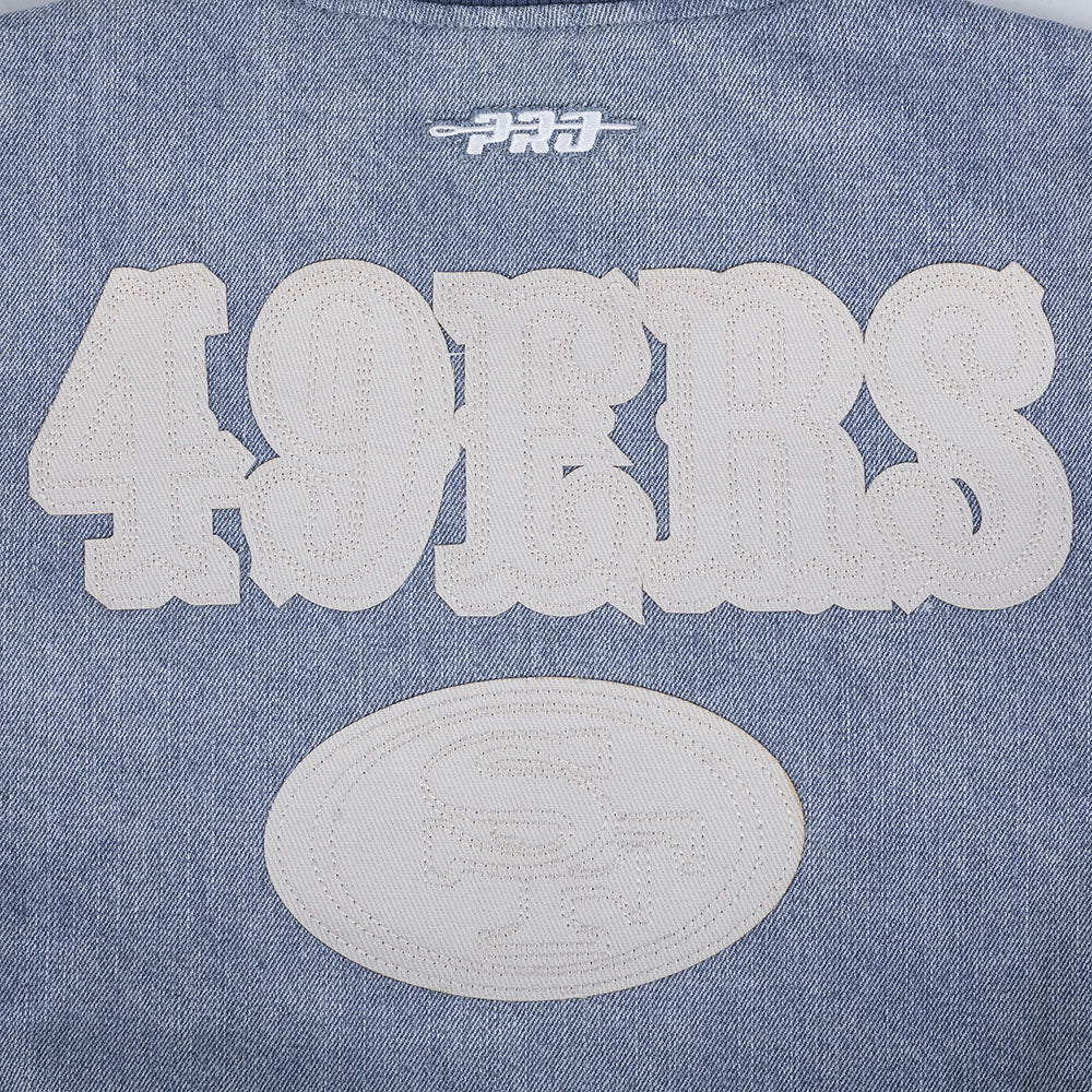 NFL SAN FRANCISCO 49ERS VARSITY BLUES WOMEN'S DENIM VARSITY JACKET (DENIM/LINEN)