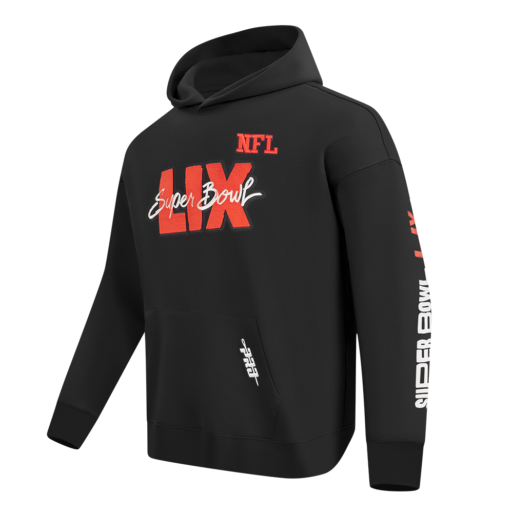 NFL SUPER BOWL 59 MEN'S DROP SHOULDER FLEECE PULLOVER HOODIE (BLACK)