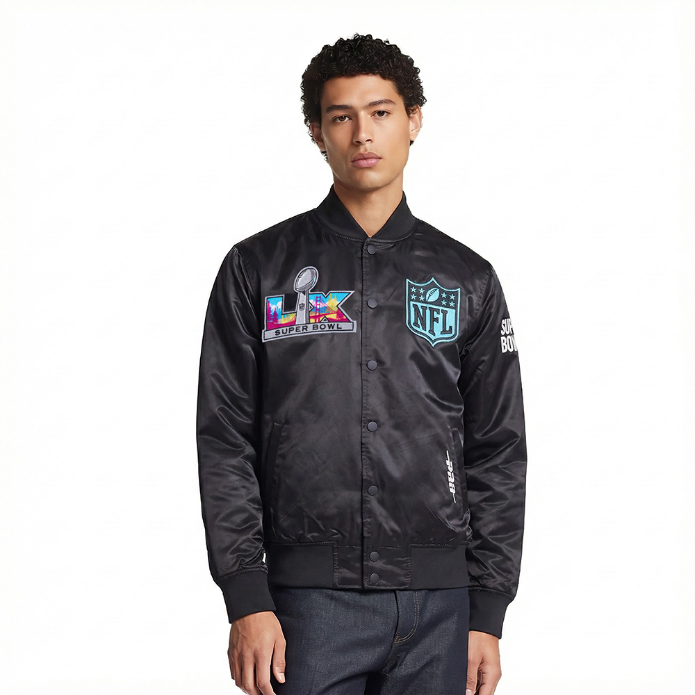 NFL SUPER BOWL 60 MEN'S SUBLIMATED SATIN JACKET (BLACK/MULTI)