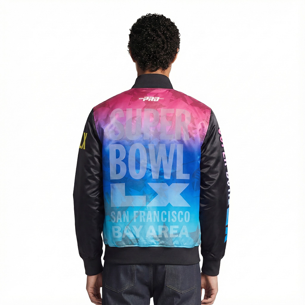 NFL SUPER BOWL 60 MEN'S SUBLIMATED SATIN JACKET (BLACK/MULTI)