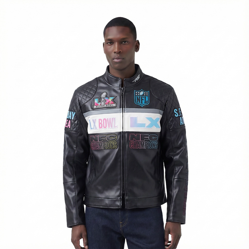 NFL SUPER BOWL 60 MEN'S MOTO JACKET (BLACK/WHITE)