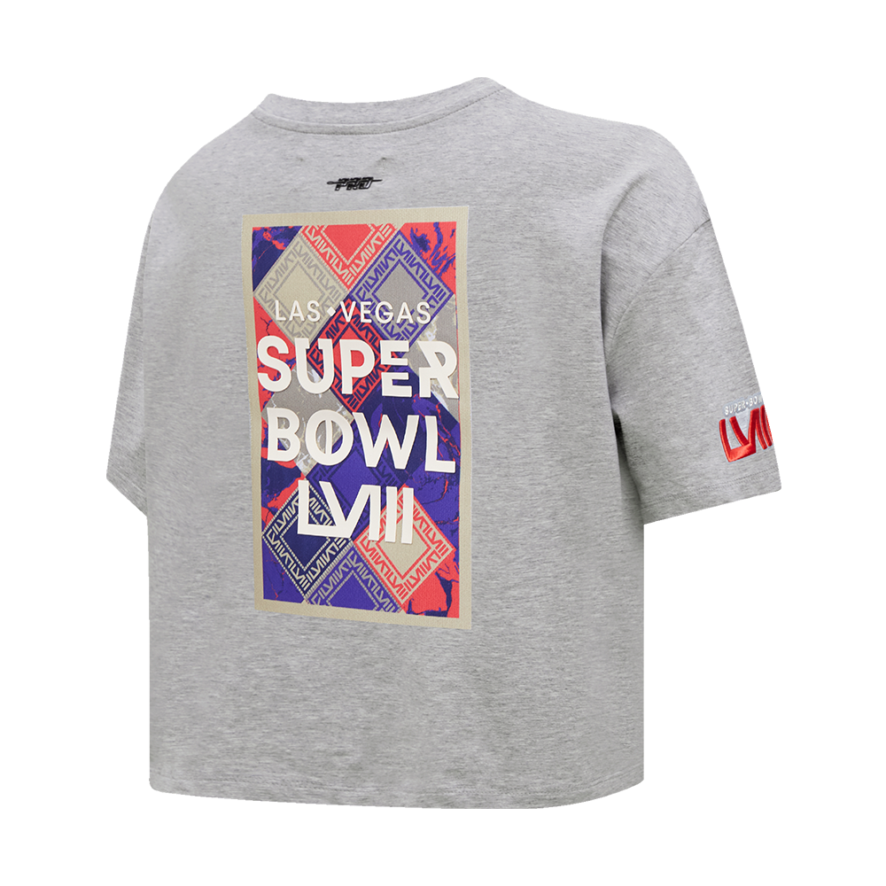 NFL SUPERBOWL T-SHIRT COUPE CARRÉE EN JERSEY SIMPLE NFL LVIII POUR FEMME (GRIS CHINÉ)