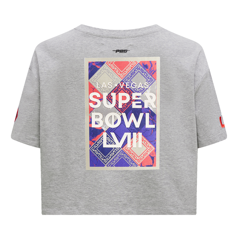 NFL SUPERBOWL T-SHIRT COUPE CARRÉE EN JERSEY SIMPLE NFL LVIII POUR FEMME (GRIS CHINÉ)
