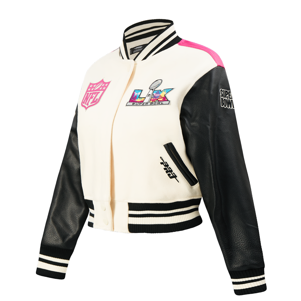 NFL SUPER BOWL 60 WOMEN'S SUBLIMATED CROPPED RIB WOOL VARSITY JACK (EGGSHELL/ BLACK)