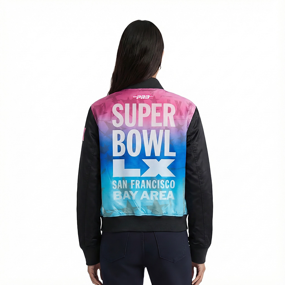 NFL SUPER BOWL 60 WOMEN'S SUBLIMATED SATIN JACKET (BLACK/MULTI)