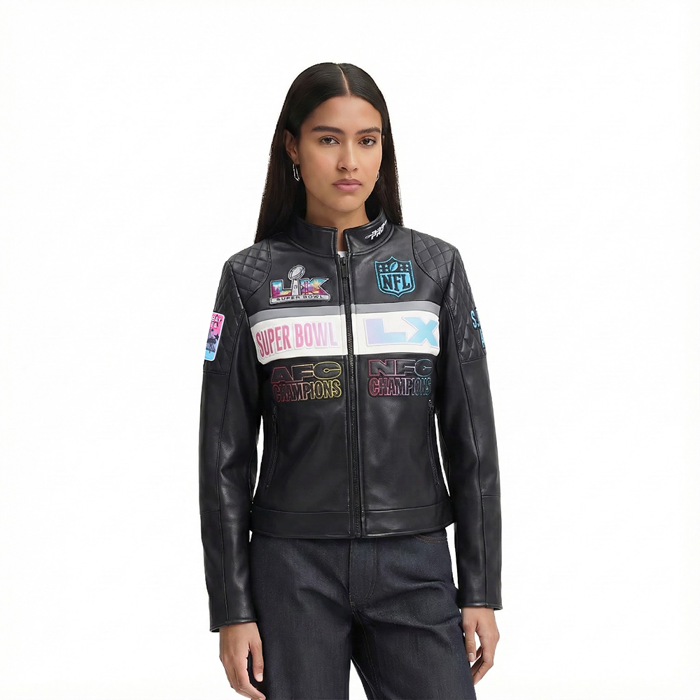 NFL SUPER BOWL 60 WOMEN'S MOTO JACKET (BLACK/WHITE)