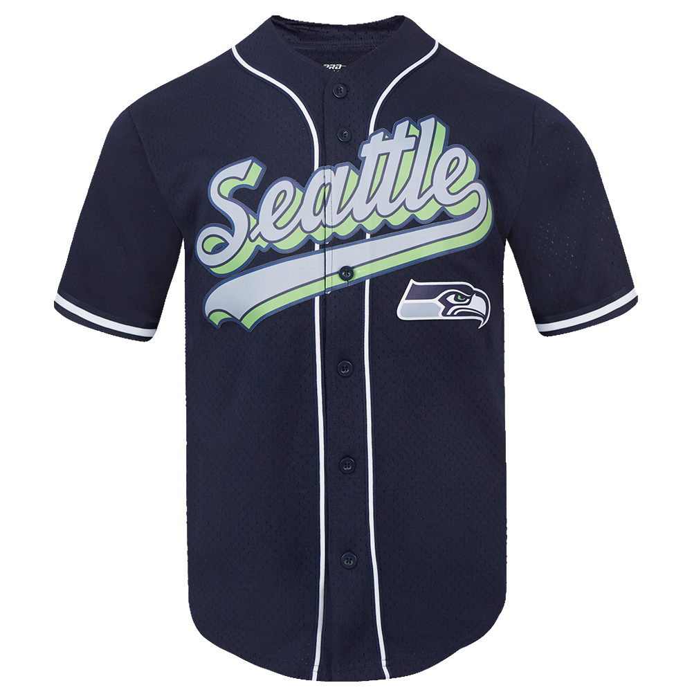 NFL SEATTLE SEAHAWKS SCRIPT TAIL MEN'S MESH BUTTON DOWN SHIRT (MIDNIGHT NAVY)