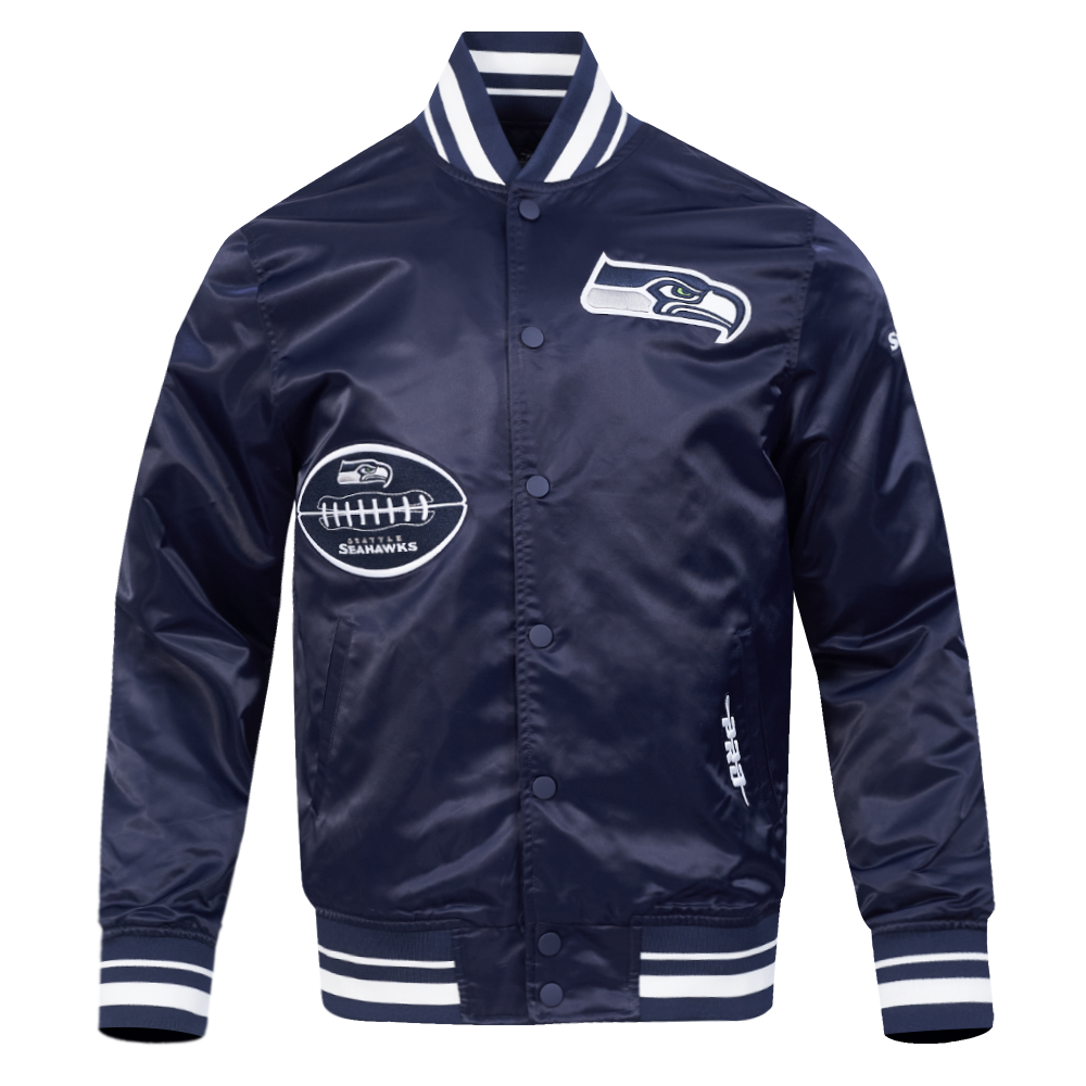 NFL SEATTLE SEAHAWKS OLD ENGLISH BLOUSON EN SATIN À BORDS CÔTELÉS POUR HOMME (MARINE MINUIT)