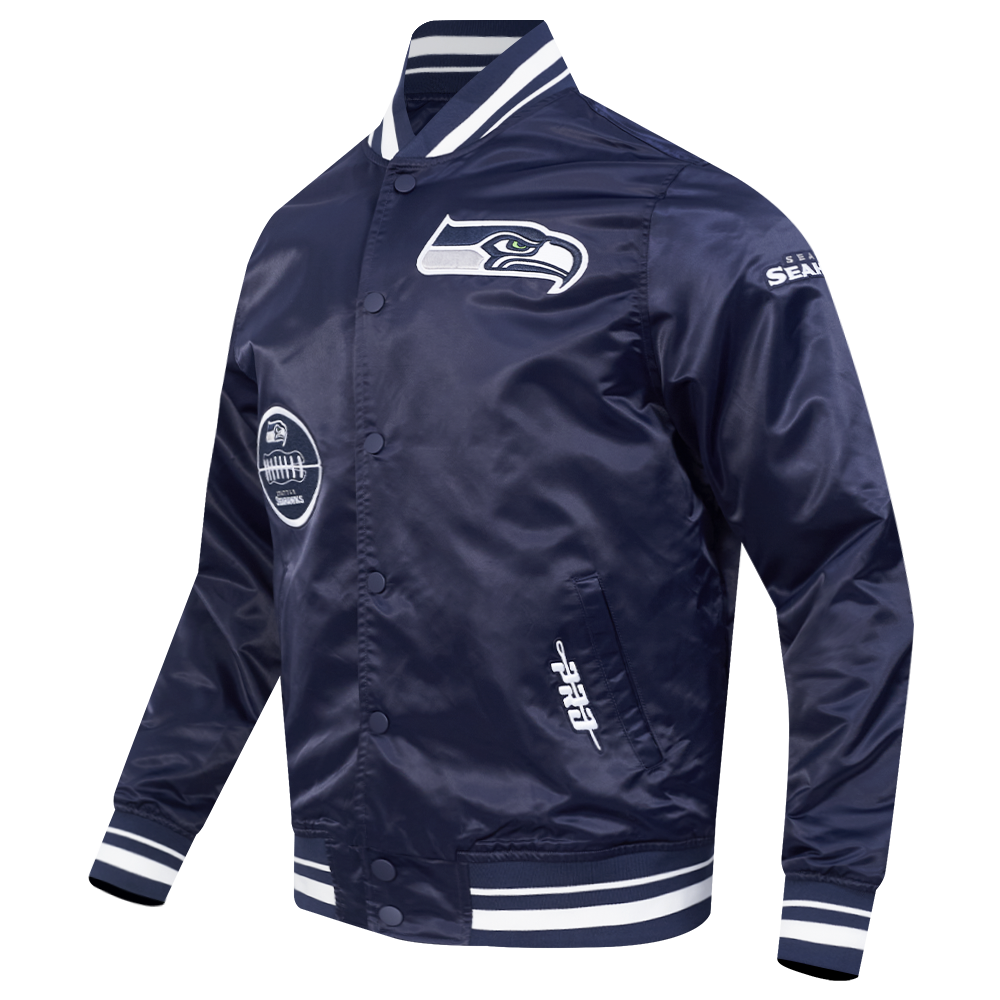 NFL SEATTLE SEAHAWKS OLD ENGLISH BLOUSON EN SATIN À BORDS CÔTELÉS POUR HOMME (MARINE MINUIT)